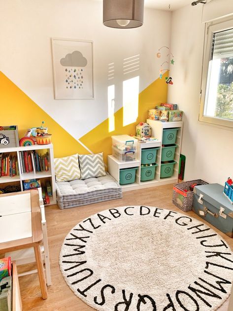 kids nursery ideas playrooms Play Room Kids Rugs, Playroom Ideas Yellow, Playroom Design Basement, Abc On Wall, Yellow Playroom Ideas, Yellow Playroom Walls, Toddler Play Room Ideas Boys, Trofast Playroom Ideas, Yellow Baby Room Ideas