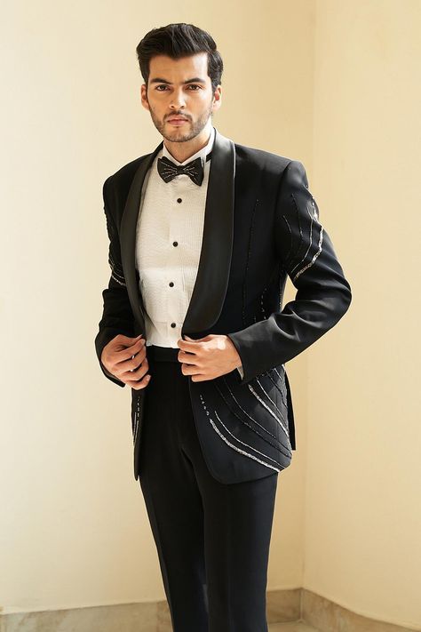 Buy Contrast By Parth Black Italian Suiting Linear Embroidered Tuxedo Pant Set Online | Aza Fashions Linear Embroidery, Embroidered Tuxedo, Gents Suits, Bow Tie Pants, Wedding Kurta For Men, Groom Dress Men, Tuxedo Pants, Linear Pattern, Black Tuxedo