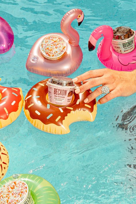 Summertime, and the lactose free livin’ is easy 🍨🦩☀️ The first day of summer calls for a pool party with floaties, flamingos, and Snack Cups for a tasty ice cream treat! Beckon Ice Cream Snack Cups come in snack-sized portions of Vanilla, Dark Chocolate Brownie, and Mint Chip ice cream, each with a unique topping. It’s the ultimate treat for your lactose free summer 😋 #lactosefree #lactosefreediet #lactosefreerecipes #lactoseintolerantsymptoms Beckon Ice Cream, Beach Food Party, Summer Ice Cream Photography, Pool Party Ice Cream, Ice Cream Pool Party, Lactose Free Ice Cream, Ice Cream Beach, Dark Chocolate Brownie, Ice Cream Snacks