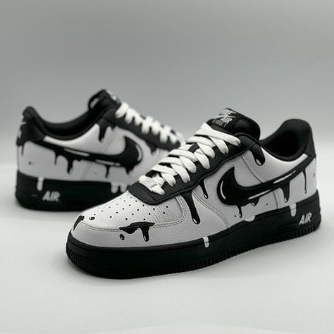 Custom Black And White Air Force 1, Y2k Shoes Aesthetic, Y2k Shoes Men, Shoe Customization Ideas, Custom Black Air Force 1, Custom Air Force 1 Men, Easy Shoe Painting Ideas, Cheap Shoes For Men, Air Jordan Custom