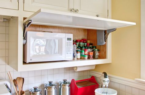 Le garage II Hidden Microwave, Microwave Storage, Traditional Kitchen Cabinets, Microwave Cabinet, Microwave Shelf, Hidden Kitchen, Microwave In Kitchen, Kitchen Cabinetry, Kitchen Remodel Idea