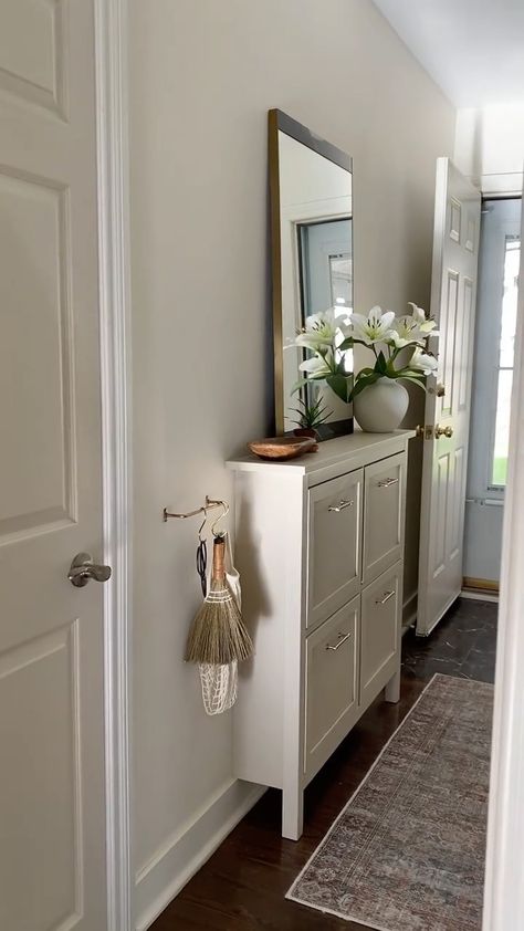 Small Storage Entryway, Hemnes Hallway Hack, Small Entry Hallway Decor, Entryway Shoe Storage Apartment, Ikea Entryway Shoe Storage, Small Apartment Hallway Decor, Enterance Idea Small Apartment, Entryway Shoe Cabinet Decor, Hallway Styling Ideas