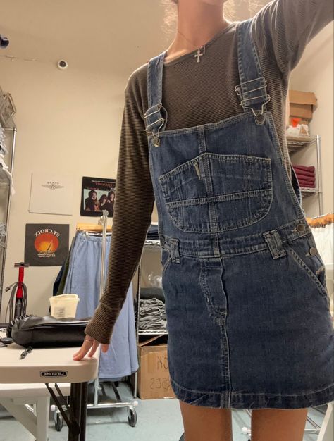 Aesthetic Jean Skirt, Alt Denim Skirt Outfit, 90s Style Blue Denim Overalls, Jumper Skirt Outfit Denim Korean, Denim Skirt Overalls, Overall Skirt Outfit, Overalls Skirt, Skirt Overalls, Thrift Board