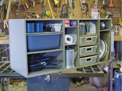 I wanted to make this for years and finally did. Build it the size of your truck bed, put down the tailgate and wa-la!! Instant kitchen at the campsite!  ****good idea for tailgate party too! Camping Chuck Box, Camp Kitchen Box, Coleman Camping Stove, Outdoor Camping Kitchen, Camping Bedarf, Auto Camping, Chuck Box, Camping Box, Comfortable Camping