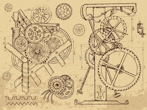 Old mechanisms and machines in steampunk style. Retro mechanisms and machines in , #SPONSORED, #style, #Retro, #textured, #mechanisms, #machines #ad Gear Drawing, Steampunk Kunst, Steampunk Drawing, Mechanical Drawing, Moda Steampunk, Steampunk Illustration, Arte Steampunk, Steampunk Design, Steampunk Style