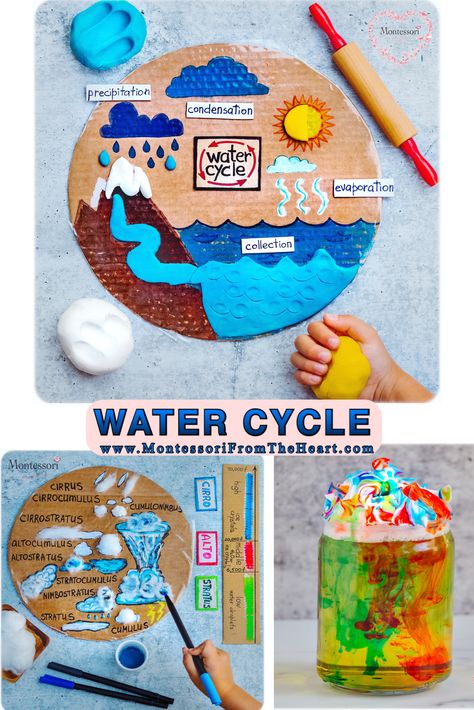 Hands-on DIYs to learn about water cycle, including evaporation, condensation, such as cloud types, precipitation such as raining in a jar. #montessori #preschool #diy #homeschool #homeschooling #watercycle #watercycleactivities #recycled #crafts #kidsactivities Rain Cycle Activities, Rain Cycle Preschool, Water Cycle Craft For Kids, Water Cycle Craft Preschool, Water Cycle Art, What Is Water Cycle, Water Cycle Chart, Water Cycle Craft, Rain Cycle