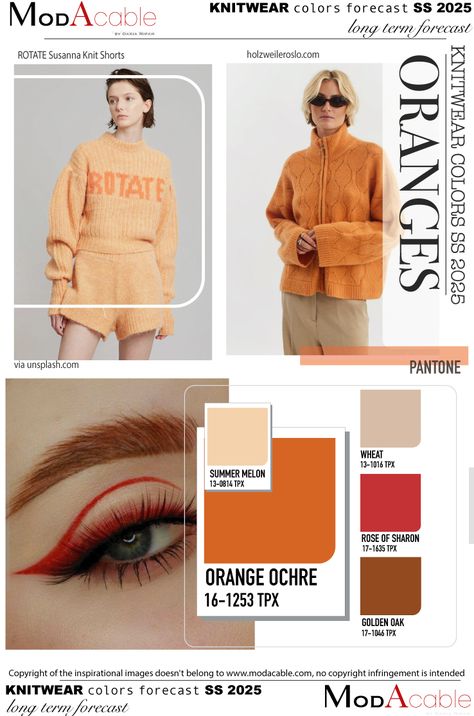 SS25 knit color Oranges - ModaCable Mood Board Fashion Inspiration, 2025 Trends, Fashion Trend Board, Knitwear Trends, Colour Combinations Fashion, Fashion Trend Forecast, Color Forecasting, Color Combinations For Clothes, Color Trends Fashion