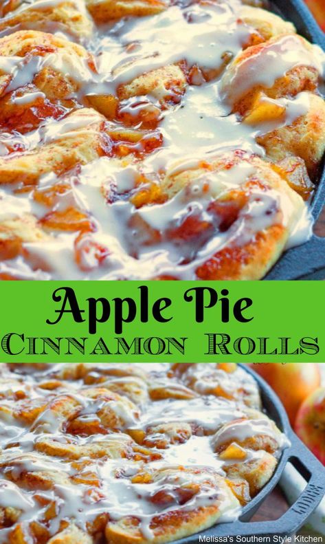 Apple Pie Cinnamon Rolls (using premade pizza dough and apple pie filling) Gooey Recipes, Pillsbury Cinnamon Roll Recipes, Cinnamon Roll Desserts, Apple Pie Cinnamon Rolls, Decadent Dinner, Melissas Southern Style Kitchen, Cinnamon Roll Apple Pie, Pillsbury Cinnamon Rolls, Baking Breads