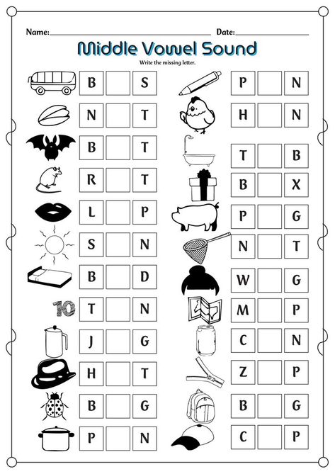 Practice identifying and writing the missing middle sounds with this helpful worksheet! Sharpen your phonics skills and boost your literacy development today. #PhonicsPractice #LiteracySkills #ElementaryEducation #missingmiddlesound Middle Vowel Sounds Worksheets, Short Vowel Sounds Worksheets, Teaching Aesthetic, Middle Sounds Worksheet, Sentence Formation, Spelling Cvc Words, Short Vowel Worksheets, Thai Alphabet, Sentence Construction