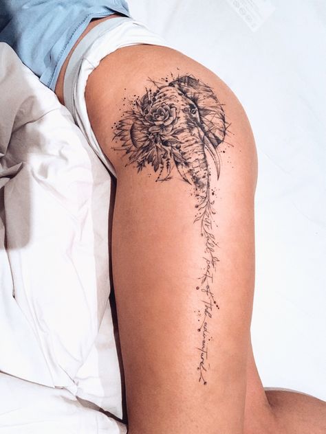 Meaningful Elephant Tattoos, Elephant Spine Tattoo, Elephant Sunflower Tattoo, Elephant With Flowers Tattoo, Protea Flower Tattoo, Elephant Flower Tattoo, Elephant Tattoos Thigh, Elephant Tattoos With Flowers, Line Art Elephant