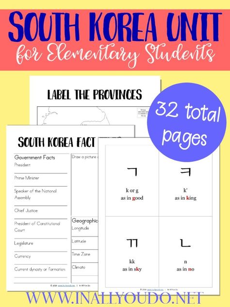 It's never too early to start learning World Geography. This South Korea Unit covers the alphabet, geography, fact files and notebooking pages. :: www.inallyoudo.net About South Korea, Alphabet G, Korea Country, Notebooking Pages, Christian Homeschool Curriculum, Homeschool Freebies, Korean Alphabet, Korean Language Learning, Elementary Ela