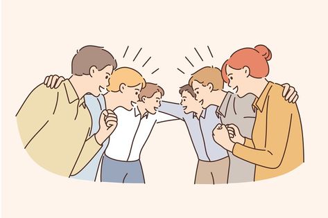 Good business team and cooperation concept. Group of young colleagues workers standing hugging celebrating success in business together vector illustration