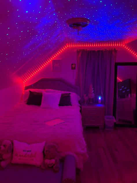 Led Lights Attic Bedroom, Led Lights Bedroom Bunk Bed, Attic Bedroom Ideas Led Lights, Preppy Room Ideas With Led Lights, Bedroom Inspirations Led Lights Cozy, Bedroom Ideas Led Lights Under Bed, Cozy Bedroom Led Lights, Led Aesthetic Bedroom, White Bedroom With Led Lights