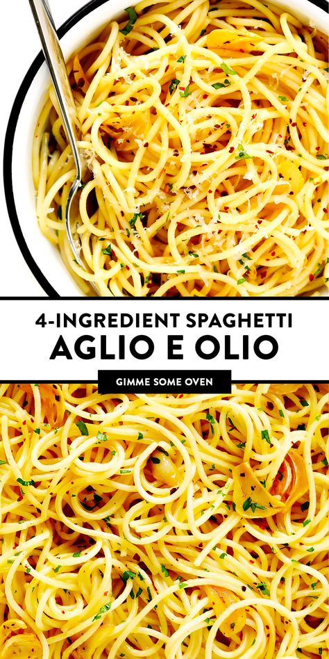 Classic Spaghetti Aglio e Olio is easy to make with just 4 simple ingredients (spaghetti, olive oil, garlic and crushed red pepper flakes), it comes together in 20 minutes, and it is always such a winner. Top yours with Parmesan cheese or extra herbs if you would like! | gimmesomeoven.com #spaghetti #pasta #dinner #garlic #sauce #vegetarian #vegan #dinner #italian #mealprep Alia Olio Pasta, Ali Olio Pasta, Fettuccini Aglio E Olio, Spagetti Aioli Olio, Alio Olio Pasta Recipe, Aioli Pasta, Alioli Sauce, Spaghetti Alio Olio, Aglio E Olio Recipes