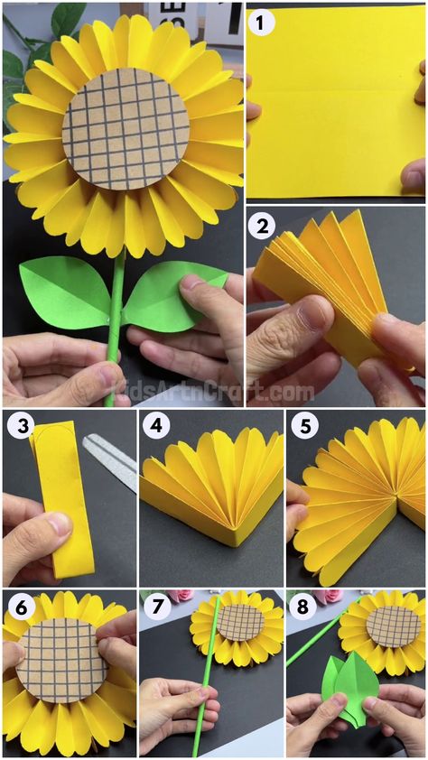 Paper Sunflower Craft - Easy Tutorial for Kids - Kids Art & Craft Sunflower Craft, Paper Flower Backdrop Diy, Aktiviti Tadika, Sun Crafts, Flower Crafts Kids, Sunflower Crafts, Paper Sunflowers, Paper Flower Crafts, Paper Flower Backdrop