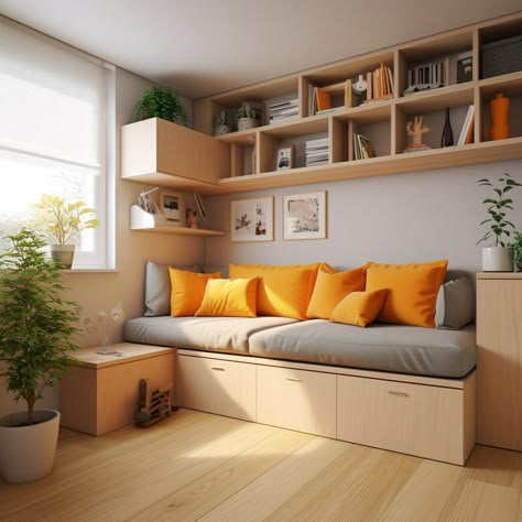 The Science of Space Planning: Optimizing Storage in Small Living Spaces Sofa With Shelves, Tiny House Couch Storage, Above Couch Storage, Small Space Built Ins, Functional Furniture For Small Spaces, Convertible Furniture Space Saving, Tiny House Couch, Extra Deep Sofa, Small Tv Room