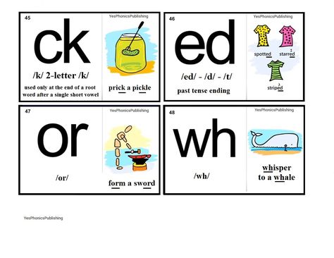 Orton-Spalding Phonograms - Illustrated Flash Cards  - 'ck', 'ed', 'or', 'wh' Spalding Phonograms, Phonogram Cards, Syllable Division, Phonics Reading Passages, Phonics Blends, Phonics For Kids, Shapes Kindergarten, Phonics Posters, Phonics Centers