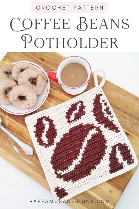 a crochet potholder made using the tapestry crochet technique and featuring some brown coffee beans Hot Pad Pattern, Winter Kitchen Decor, Crochet Pot Holders Free Pattern, Winter Kitchen, Crochet Coffee, Crochet Hot Pads, Crochet Christmas Gifts, Crochet Towel, Crochet Dishcloth