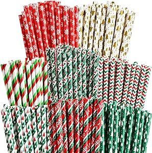 ALINK 100 Christmas Paper Straws, 8 Styles Red Green White Gold Biodegradable Party Drinking Straws with Stripe, Wave, Christmas Tree Snowflake Design Decorations Supplies Christmas Bar Cart, Christmas Tree Snowflake, Party Straws, Drinking Party, Bar Cart Decor, Drink Straw, Merry Christmas Decoration, Snowflake Design, Christmas Party Decorations