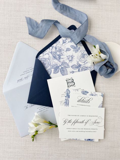 White Floral Invitation, Navy Blue Wedding Theme, Classic Wedding Details, Rebecca Green, Spring Wedding Color Palette, Floral Envelope Liner, Floral Envelope, Blue White Weddings, Envelope Liners Wedding