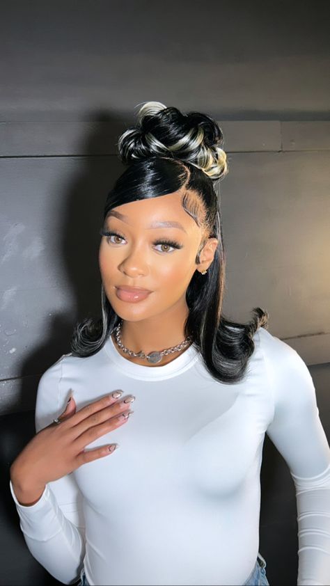 #pinupstyle #90shairstyles #blackhairstyles #frontalponytail #halfuphalfdown #ponytailblackhairstyles #ponytails Half Up Half Down 90s Hairstyles, 90s Swoop Hairstyle, 90s Quick Weave Hairstyles, Up Do Hairstyles Black Women, Half Up Half Down 90s Hair, 90s Ponytail Black Women, 90s Updo Hairstyles Black Women, 90s Half Up Half Down Hair, 80s Hairstyles Black Women