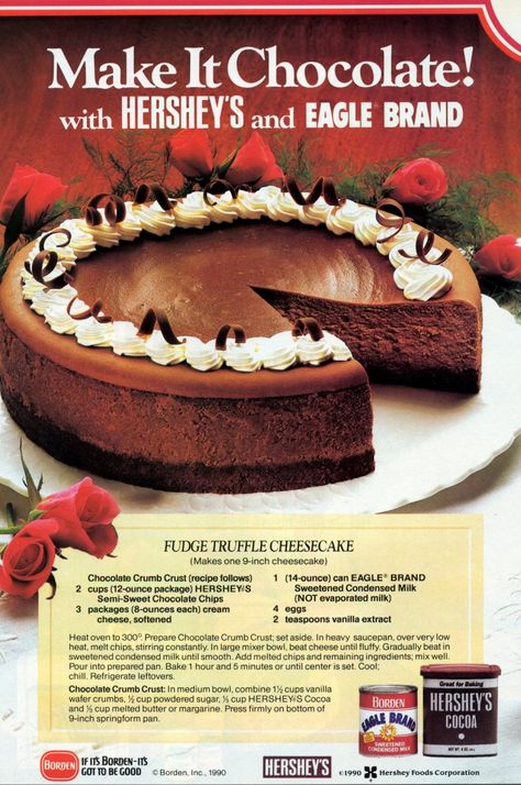 A classic chocolate fudge truffle cheesecake recipe - #vintagerecipes #vintagedesserts #cheesecake #cheesecakerecipe #chocolatecheesecake #hersheys #classicdesserts #clickamericana Truffle Cheesecake, Classic Chocolate Fudge, Hershey Recipes, Chocolate Crumbs, Cheesecake Recipes Classic, Chocolate Cheesecake Recipes, Eagle Brand, Fudge Recipe, Monkey Bread