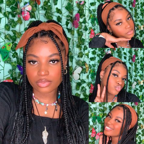 Headband And Braids Black Women, Box Braids Hairstyles With Headband, Headband With Box Braids, Box Braids Headband, Braids With Headband, Knotless Styles, Extensions Braids, Braided Headwrap, Headwrap Hairstyles