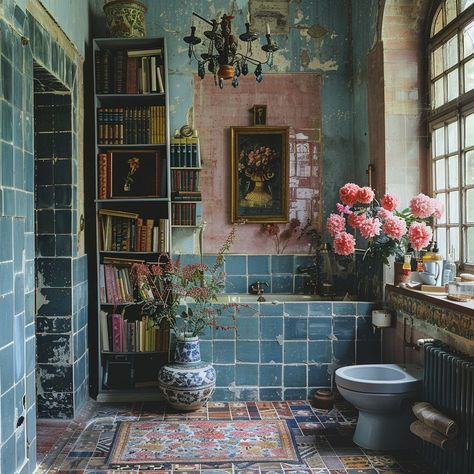 Vintage Tiled Bathrooms, Funky Small Bathroom, Maximalist Bathroom Small, Bathroom Interior Design Blue, Vintage Blue Tile Bathroom, Toad House, Large Bookcase, Pink Tiles, Dream House Rooms