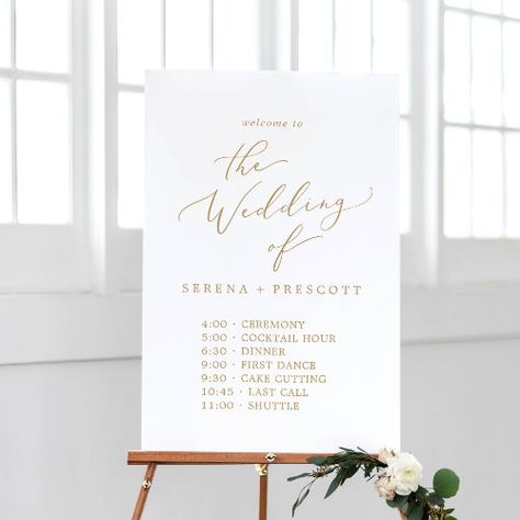 $57.50 | Delicate Gold Wedding Welcome Order of Events #modern welcome wedding foam board, simple wedding reception program sign, elegant order of events sign, minimalist wedding schedule sign, whimsical wedding timeline sign, romantic welcome to the wedding, classic chic script typography k200, neutral clean spring summer calligraphy, white and gold, classy minimal champagne golden yellow Wedding Schedule Sign, Reception Program, Summer Calligraphy, Yellow Typography, Wedding Reception Program, Simple Wedding Reception, Romantic Minimalist, Order Of Events, Wedding Schedule