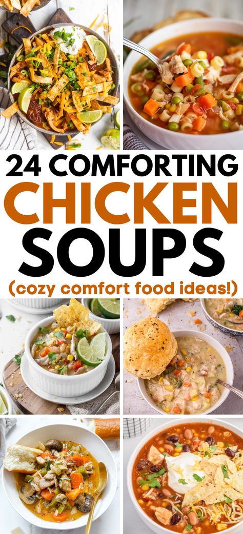 Chicken Soup Recipes With Few Ingredients – Looking for easy soup recipes with chicken? We’ve got you covered with 24 simple and delicious chicken soup recipes that use just a handful of ingredients. Perfect dinner recipes for a family! Comfort meals, chicken dinner ideas, chicken dinner recipes, easy chicken dinner recipes, comfort food chicken dinner, easy fall chicken dinner, stew recipes, cozy stew, cozy fall dinner recipes, cozy winter dinner, healthy chicken dinner. Quick Homemade Soup Recipes, Delicious Chicken Soup Recipes, No Noodle Chicken Soup, Chicken Soup Ideas Healthy, Chicken Soup With Leftover Chicken, Chicken Broth Soup Recipes Healthy, Healthy Chicken Soups And Stews, Chicken Soups And Stews Crockpot, Fall Chicken Soup Recipes