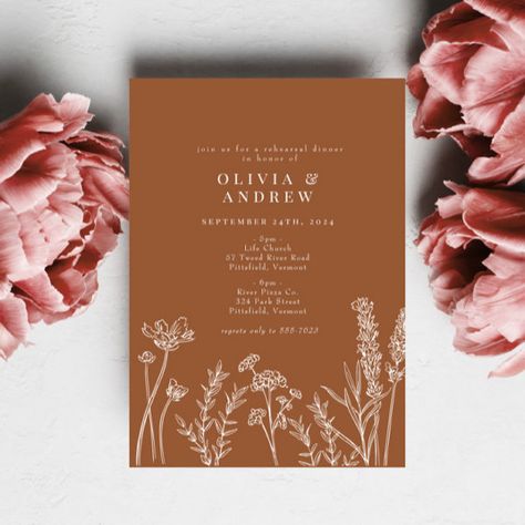 Wildflower Burnt Orange Rehearsal Dinner Invitation Wildflower Wedding Theme, Burnt Orange Wedding, Popular Wedding Invitations, Orange Wedding Invitations, Boho Autumn, Wedding Announcement Cards, Orange Terracotta, Burnt Orange Weddings, Wedding Rehearsal Dinner Invitations