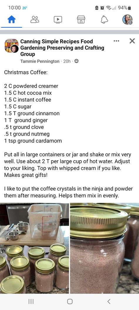 Instant Christmas Coffee, Dry Coffee Mix Recipes, Christmas Coffee Mix Recipe, Instant Coffee Mix Recipes, Diy Powdered Coffee Creamer, Dry Drink Mix Recipes, Christmas Coffee Recipe, Fireside Coffee Mix Recipe, Ground Coffee Recipes