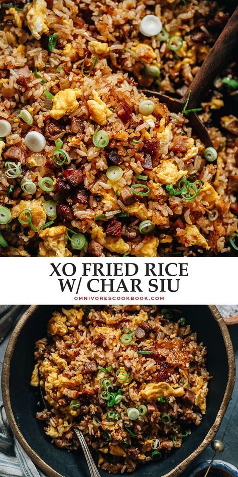 Dig into a bowl of XO fried rice with a crispy, crunchy texture and savory sweet, lightly seafoody taste that transforms your leftover char siu pork into a meal in minutes! Char Siu Pork, Chinese Bbq Pork, Pork Fried Rice, Char Siu, Think Food, Chinese Dishes, Chinese Cooking, Asian Cooking, Asian Dishes