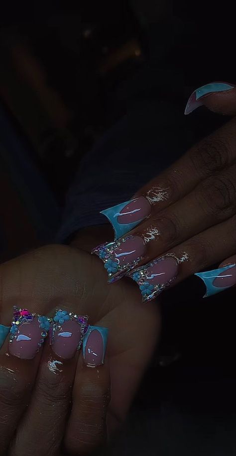 Short Light Blue Nails With Rhinestones, Summer Nails Duck, Gummy Bear Charm Nails, Blue Acrylic Nails With Charms, Summer Junk Nails, Spring Junk Nails, Medium Junk Nails, Chrome Duck Nails, Tattoo Ideas Female Black Women