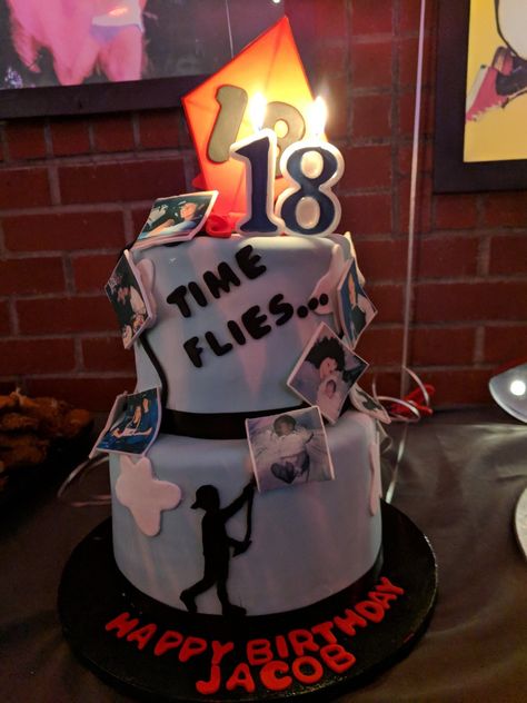 My sons 18th Birthday cake.  Theme "how time flies " 18th Birthday Photoshoot Ideas Boys, 18th Birthday Cake For Guys Men, Birthday Cake For 18th Birthday Boy, 18th Birthday Party Ideas For Boys Theme, 17th Birthday Cake Boy, 18th Birthday Party Ideas For Boys, Sons 18th Birthday, 18th Birthday Cake Boys, Time Flies Cake