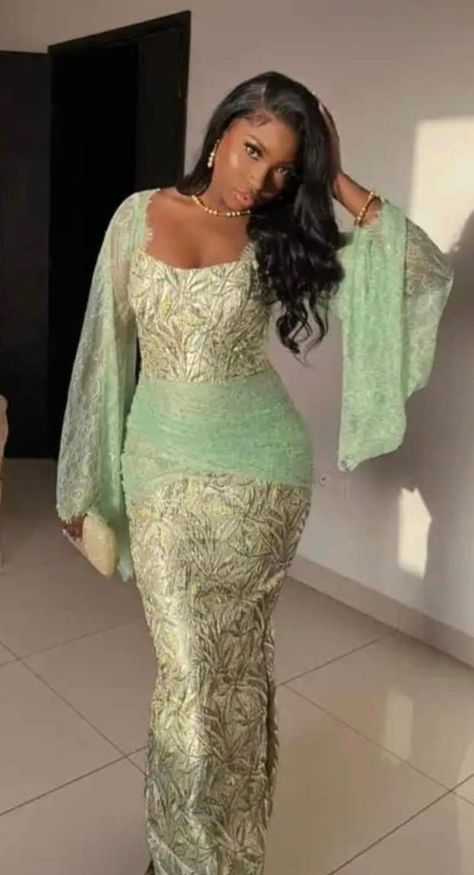 Long Nigerian Dresses, Yoruba Prom Dress, Nigerian Dresses Traditional Yoruba, Off The Shoulder Aso Ebi, Modest Nigerian Dress, Senegal Dress Styles, African Lace Gown Styles, African Style Dresses Nigerian Fashion, Aesobi Dresses Lace