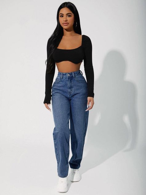 SHEIN PETITE High Waisted Zip Up Mom Fit Jeans | SHEIN USA Mom Fit Jeans, Outfits Con Jeans, Mom Jeans Outfit, Paris Outfits, Jeans Mom, Mom Outfits, Body Positivity, Fashion Online Shop, High Waist Jeans