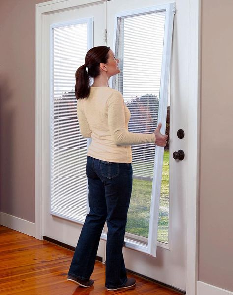 ODL Add-on Blinds for Doors  http://www.homedepot.com/p/ODL-22-in-w-x-64-in-h-Add-On-Enclosed-Aluminum-Blinds-White-Steel-Fiberglass-Doors-with-Raised-Frame-Around-Glass-BWM226401/100656620 Front Door Window Covering, French Door Window Treatments, Blinds For French Doors, Patio Door Coverings, French Door Windows, Door Treatments, Patio Door Blinds, Door Window Covering, Sliding Door Window Treatments