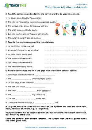 ESL Parts of Speech Worksheet - Categorizing, Writing and Speaking Activity - Elementary (A1-A2) - 30 minutes This parts of speech worksheet helps students learn how to identify verbs, nouns, adjectives, and adverbs and use them in sentences. Parts Of Speech Worksheet, Word Classes, Verbs Nouns Adjectives, Adverbs Worksheet, Verbs Activities, Speaking Activity, Parts Of Speech Activities, Nouns Verbs Adjectives, Esl Games