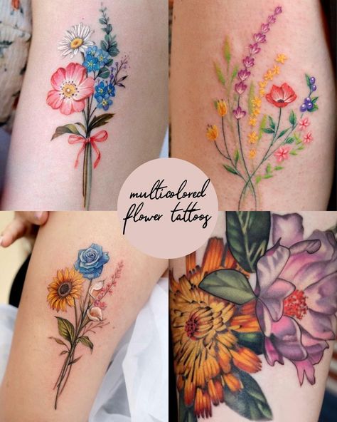 81 Colorful Flower Tattoos - Fresh For Spring Ideas - Tattoo Glee Fine Line Floral Tattoo Sleeve Color, Birth Month Flower Tattoos Bouquet Watercolor, Birth Flower Tattoos Bouquet Color, Watercolor Flower Tattoo Design, Small Flower Boquettes Tattoos, Aster Flower Tattoo Color, Colorful Bouquet Tattoo, Watercolor Wildflower Tattoo, Bouquet Tattoo Arm