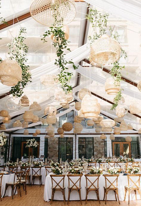 Wedding Rattan Decor, Rattan Lantern Wedding, Rattan Wedding Decor, Ceiling Greenery, Wedding Rattan, Greenery Installation, Barn Wedding Lighting, Dr Wedding, Boho Reception