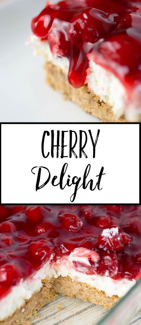 Cherry Delight Recipe- a yummy graham cracker crust with a middle layer of homemade whipped filling, all topped with a delicious layer of cherries! Cherry Delight Dessert, Cherry Delight, Dessert Oreo, Biscuits Graham, Dessert Simple, Cherry Desserts, Savory Cakes, Cherry Recipes, Cherry Pie Filling