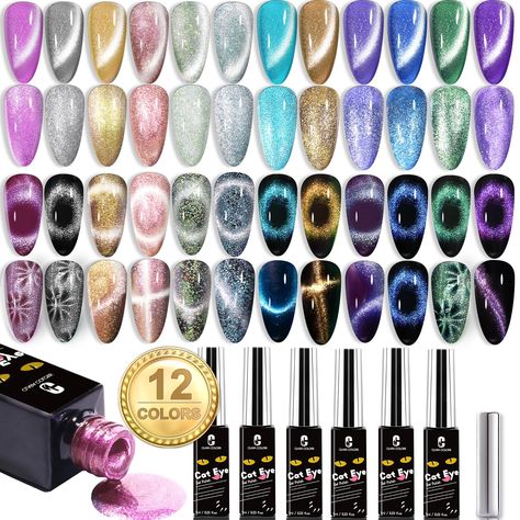 PRICES MAY VARY. 【Clara Colors Cat Eye Gel Polish Set】 The cat eye gel nail polish set contains 12pcs 0.23 fl.oz (7ml) cat eye gel polish and with a magnet, it would definitely help you to create the classic cat eye line and more innovative nail art designs. There is also a precise color label on the bottle to provide a better using experience. Perfect DIY at Home & Salon. Ideal gifts for friends who love doing nails. 【Craft Your Own Nails】 Clara Colors holographic cat eye gel nail polish set is Romantic Galaxy, Glitter Cat Eye, Cat Eye Gel Polish, Cat Eye Gel, Nail Polish Set, Gel Nail Polish Set, Eye Gel, Holographic Glitter, Uv Led