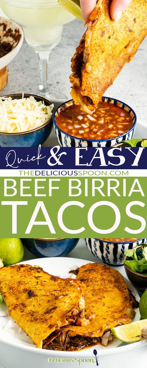 Rich and hearty, these Beef Birria Tacos are a traditional Mexican recipe that can easily be made at home. Tortillas are first filled with shredded cheese and beef that’s been marinated and cooked to tender, flavourful perfection, dipped in the birria consomme and panfried. A tasty flavourful taco inside and out! | @thedeliciousspoon Birria Tacos With Ground Beef, Birra Tacos Recipe, Birra Tacos, Beef Birria Tacos, Consomme Recipe, Beef Birria, Shredded Beef Recipes, Birria Tacos, Slow Cooker Recipes Beef