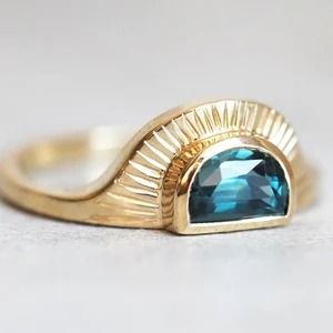 MinimalVS - Etsy Sapphire Engagement Ring Unique, Bohemian Engagement Ring, Gold Blue Sapphire Ring, Half Moon Ring, Teal Sapphire Ring, Mom Ring, Fine Gold Jewelry, Engagement Ring Unique, Teal Sapphire