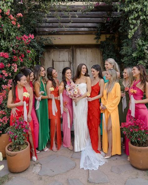 Laura Murray on Instagram: "@courtneyelizabethgross & her bridesmaids in #sanmiguel   @z_gross @jayandmackfilms @filomennaplanning @opheliaflorist @daniellefrankelstudio @daniellefrankelbride @facesbyjos  #sanmiguelweddings #sanmigueldeallende #sanmiguelphotographer #sanmiguelweddingphotographer #destinationweddingphotographers #destinationphotography #editorialweddingphotographer #editorialwedding #luxuryweddingphotographer" Tropical Wedding Bridesmaid Dresses, Tropical Wedding Bridesmaid, Bright Bridesmaid Dresses, Jewel Tone Bridesmaid, Outfits Mujeres, Maximalist Wedding, Mexican Theme Wedding, Coffee Wedding, Bridesmaid Colors