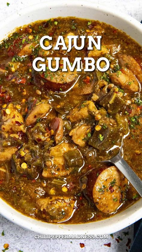 Cajun Chicken And Sausage Gumbo in a bowl Spicy Gumbo Recipe, Chicken And Sausage Gumbo Recipe, Spicy Gumbo, Sausage Gumbo Recipe, Cajun Chicken And Sausage, Gumbo Recipe Easy, Dark Roux, Cajun Gumbo, Chicken And Sausage Gumbo