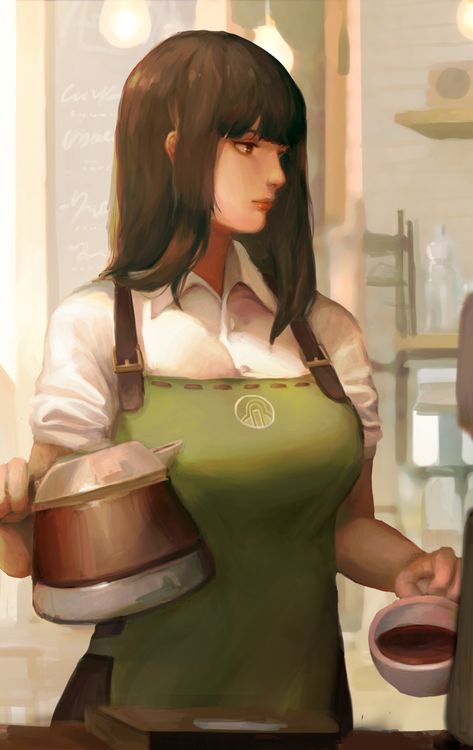 Apron Barista, Black Eyes Black Hair, Girl With Brown Hair, Eyes Black, Woman Illustration, Cafe Coffee, X Reader, Female Character Design, Manga Pictures