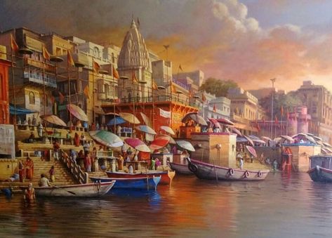 Varanasi paintings Varanasi Ghats Painting, Varanasi Ghat Painting, Ganga Ghat Painting, Banaras Painting, Famous Acrylic Paintings, Varanasi Painting, Modern Indian Art Paintings, Amit Bhar, Ghat Painting