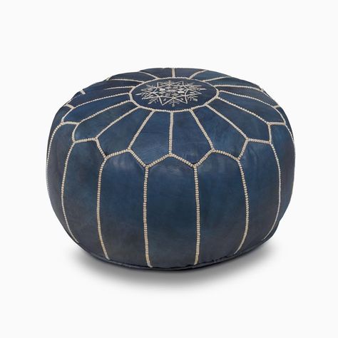 Moroccan Leather Pouf - Small | West Elm Round Pouf Ottoman, Art Marocain, Faux Fur Bean Bag, Fur Bean Bag, Moroccan Pouffe, Moroccan Furniture, Moroccan Leather Pouf, Moroccan Leather, Moroccan Pouf